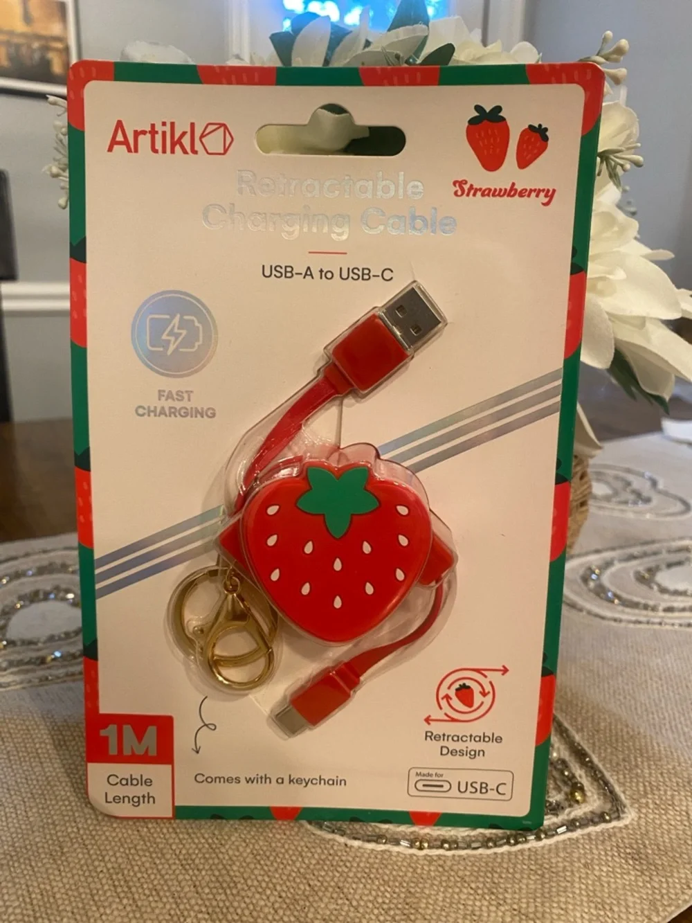 Strawberry Retractable Charging Cable USB-A to USB-C Fast Charger Cute Keychain